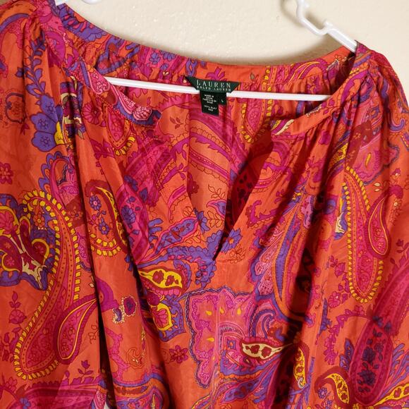 Lauren Ralph Lauren Blouse 100% Silk Paisley Boho Bohemian Flowy Top Sz L - Picture 7 of 11